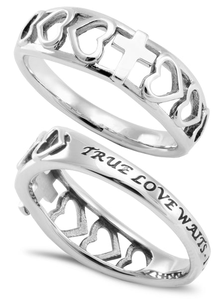 True Love Waits Ring with Heart Cutout and Cross, Stainless Steel