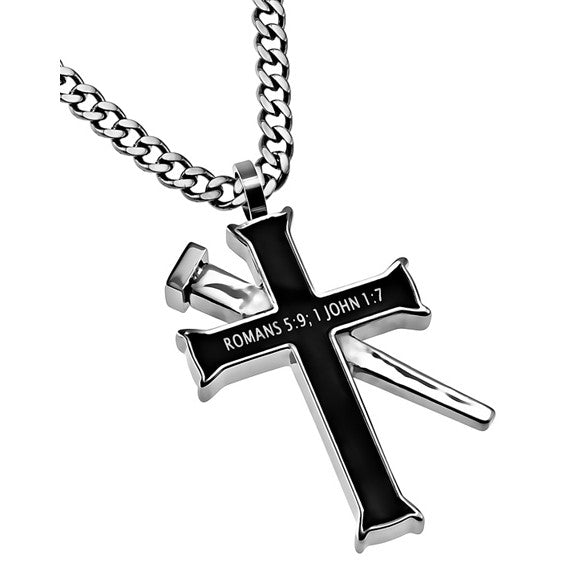 ROMANS 5:9; 1 JOHN 1:7 Black Cross and Nail Necklace with Bible Verse, Stainless Steel Curb Chain
