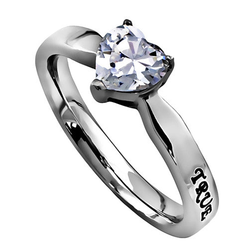 True Love Waits Purity Heart Ring, 1 Timothy 4:12 Bible Verse, Stainless Steel