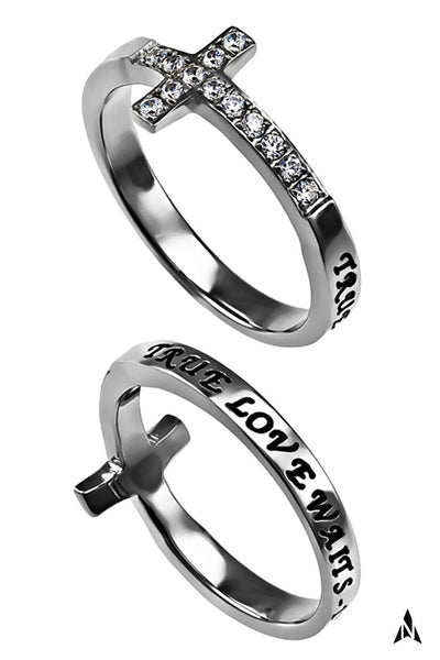 True Love Waits Purity Ring for Teen Girls, Sideways Cross Stainless Steel