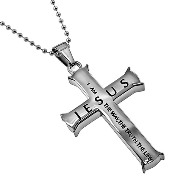 John 14:6 Necklace, Cross Pendant WAY, TRUTH, LIFE Bible Verse, Stainless Steel with Bead Chain