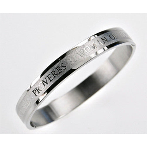Proverbs 31 Woman of God Bangle Bracelet, Stainless Steel with Bible Quote