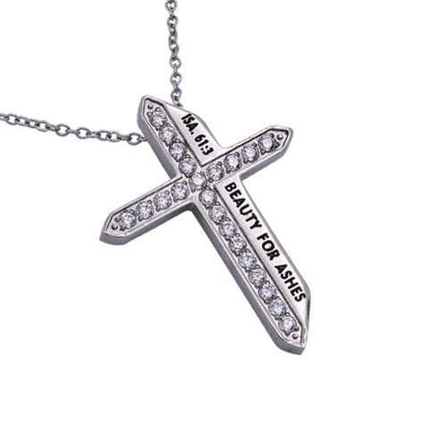BEAUTY FOR ASHES Isaiah 61:3 Christian Katana Cross Necklace