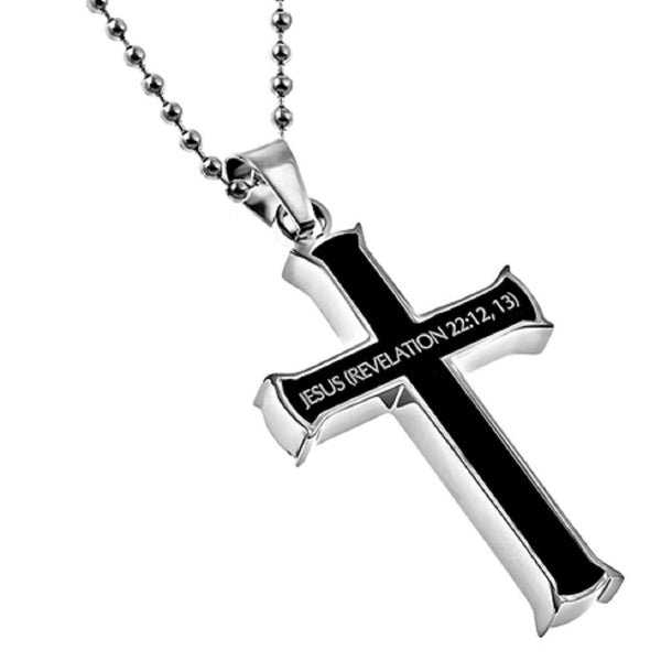 Revelation 22:12,13 Black Cross Necklace ALPHA OMEGA Bible Verse, Stainless Steel Bead Chain