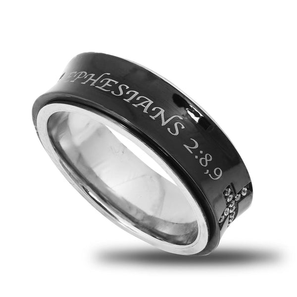Amazing Grace Ephesians 2:8-9 Cross Black Spinner Ring 3