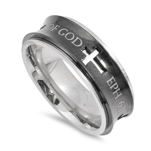 Armor of God Black Spinner Ring with Cross Ephesians 6 11 3
