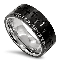 ARMOUR OF GOD Small Crosses Ring, Ephesians 6:11, Black Stainless Steel Band