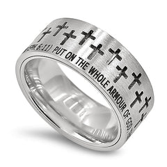 ARMOUR OF GOD Small Crosses Ring, Ephesians 6:11, Stainless Steel Band