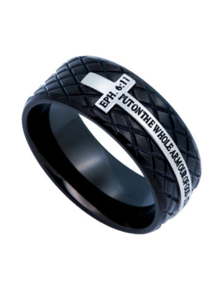ARMOUR OF GOD Ring Ephesians 6:11 Black Steel Diamond Back Cross