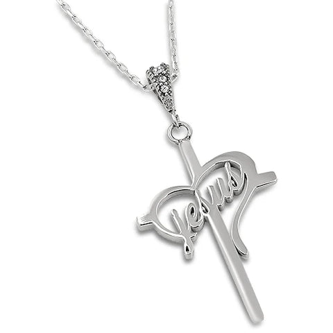 Cross with Heart JESUS Necklace, Gold Plated on Stainless Steel Chain