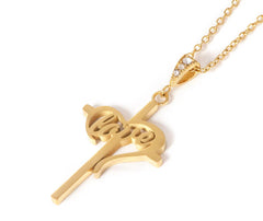 Cross with Heart LOVE Necklace, Gold Plated on Stainless Steel Chain