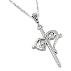 Cross with Heart LOVE Necklace, Stainless Steel Chain