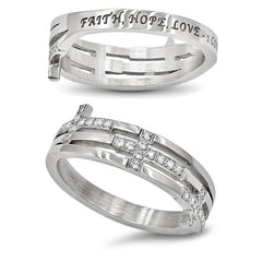 FAITH HOPE LOVE Triple Cross Ring, 1 CORINTHIANS 13:13, Stainless Steel