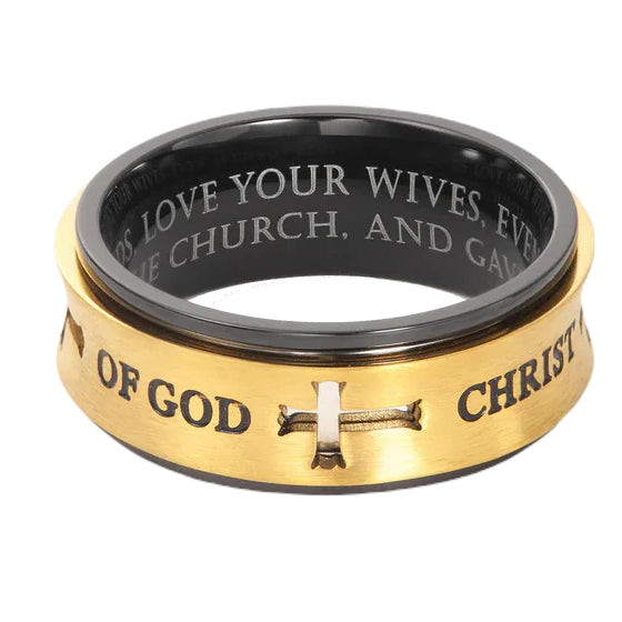 Gold Plated MAN OF GOD Spinner Promise Ring Ephesians 5:25, Stainless Steel