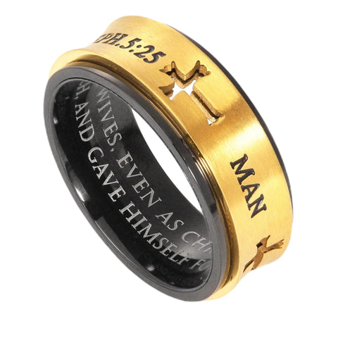 Gold Plated MAN OF GOD Spinner Promise Ring Ephesians 5:25, Stainless Steel