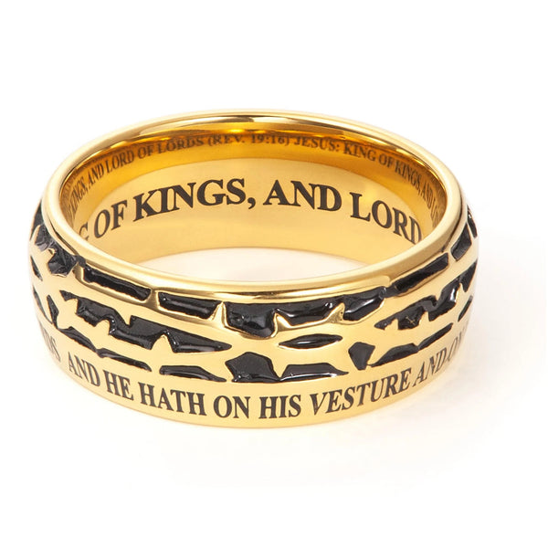 KING of KINGS Revelation 19:16 Men's Crown Of Thorns Ring, Gold Plated Stainless Steel
