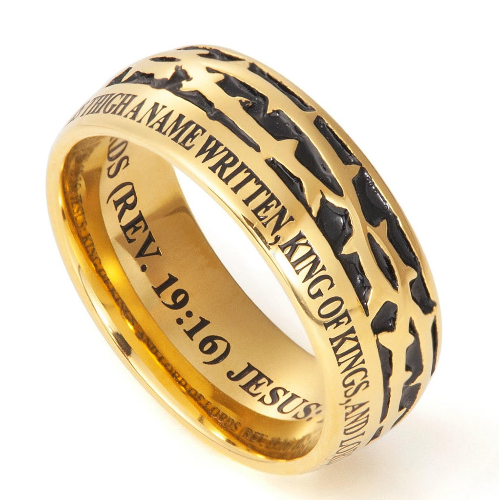 KING of KINGS Revelation 19:16 Men's Crown Of Thorns Ring, Gold Plated Stainless Steel