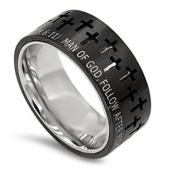 MAN OF GOD Small Crosses Ring, 1 Timothy 6:11, Black Stainless Steel Band