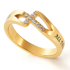 Gold Color PHILIPPIANS 4:13 Sideways Cross Ring, Stainless Steel with CZ Stones