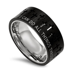ALL THINGS THRU CHRIST Small Crosses Ring, Philippians 4:13, Black Stainless Steel Band