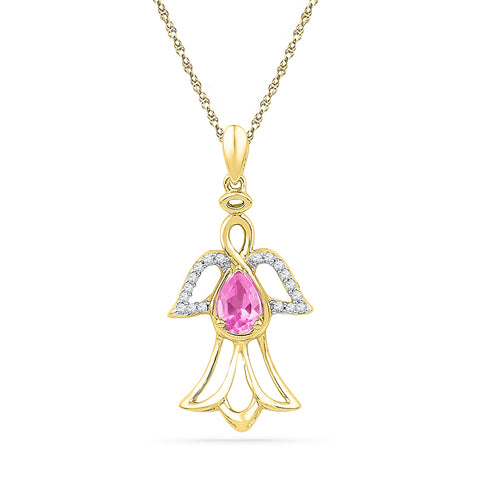 10kt Yellow Gold Womens Pear Lab-Created Pink Sapphire Angel Pendant 5/8 Cttw