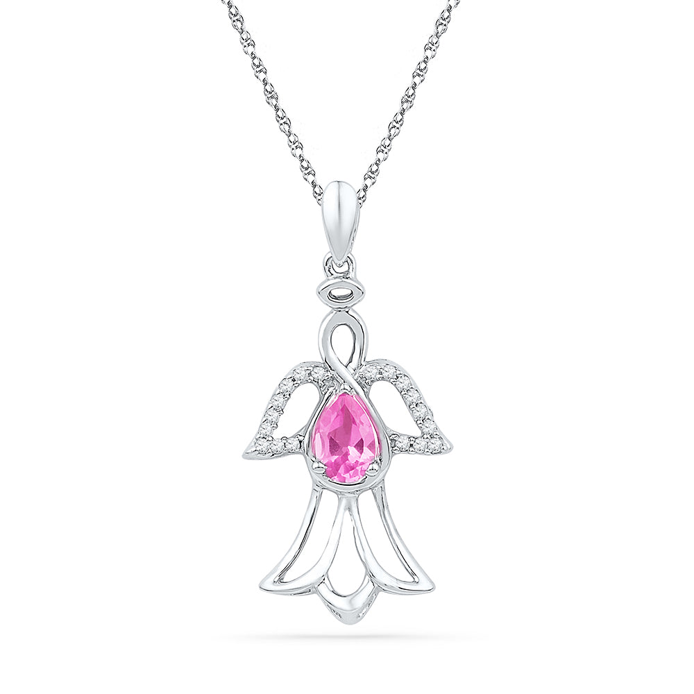 Sterling Silver Womens Oval Lab-Created Pink Sapphire Diamond Angel Pendant 5/8 Cttw