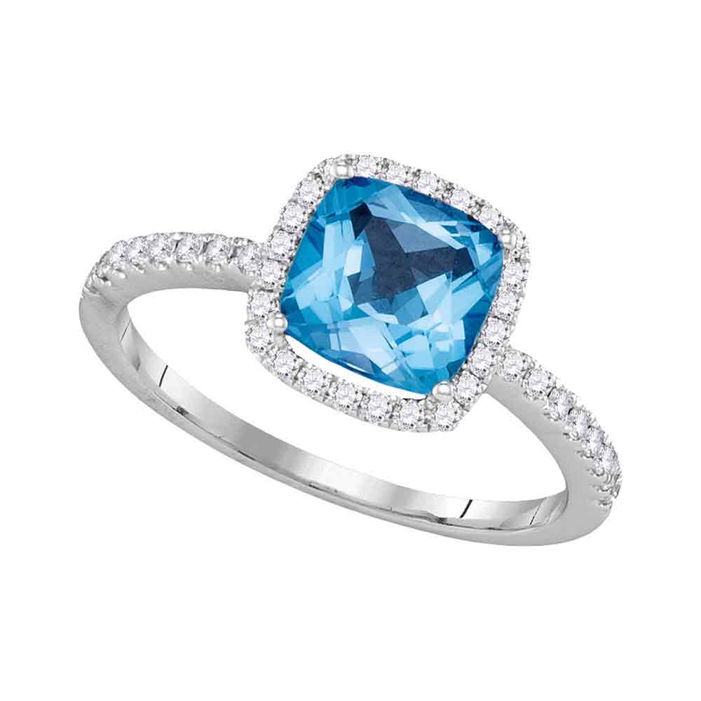 14kt White Gold Womens Cushion Blue Topaz Solitaire Diamond Halo Slender Ring 2.00 Cttw
