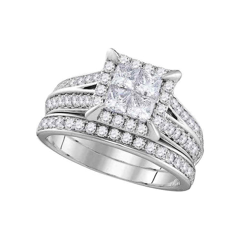 14kt White Gold Womens Princess Diamond Square Halo Bridal Wedding Engagement Ring Band Set 1-1/2 Cttw