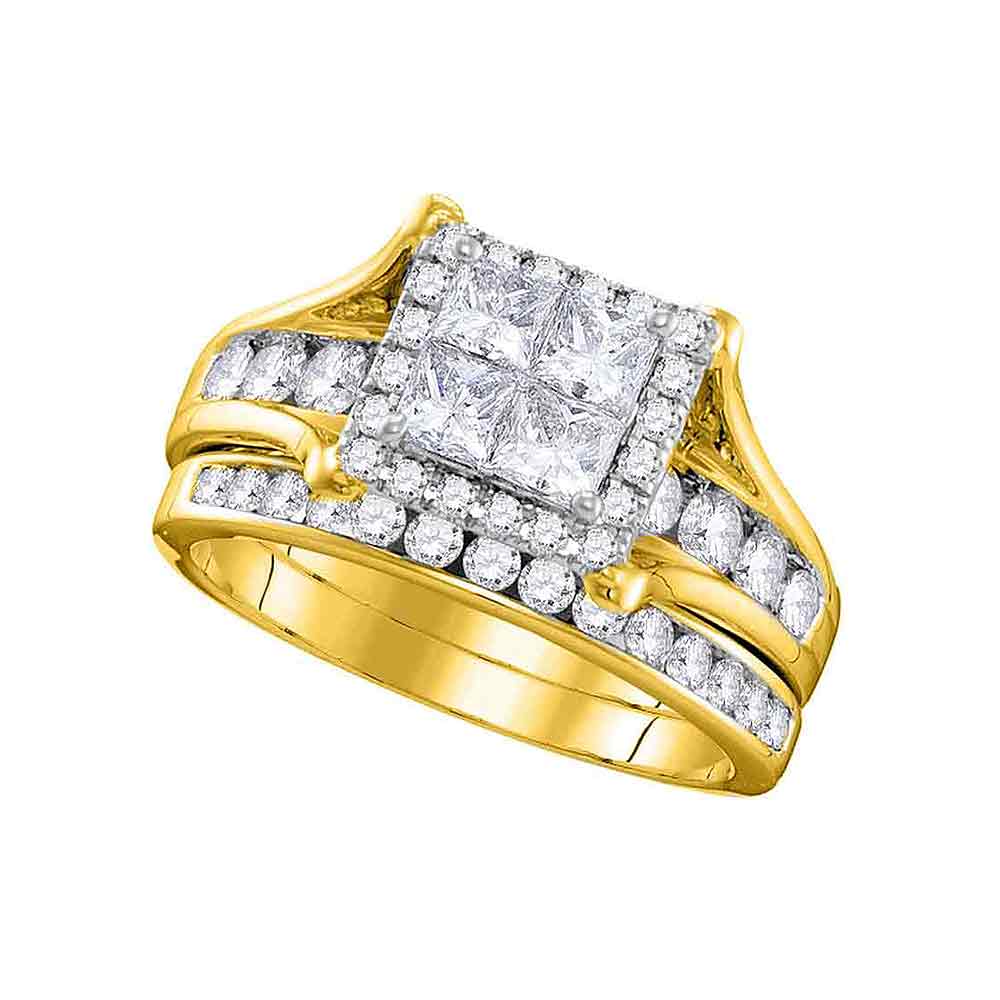 14kt Yellow Gold Womens Princess Diamond Square Halo Bridal Wedding Engagement Ring Band Set 1-1/2 Cttw