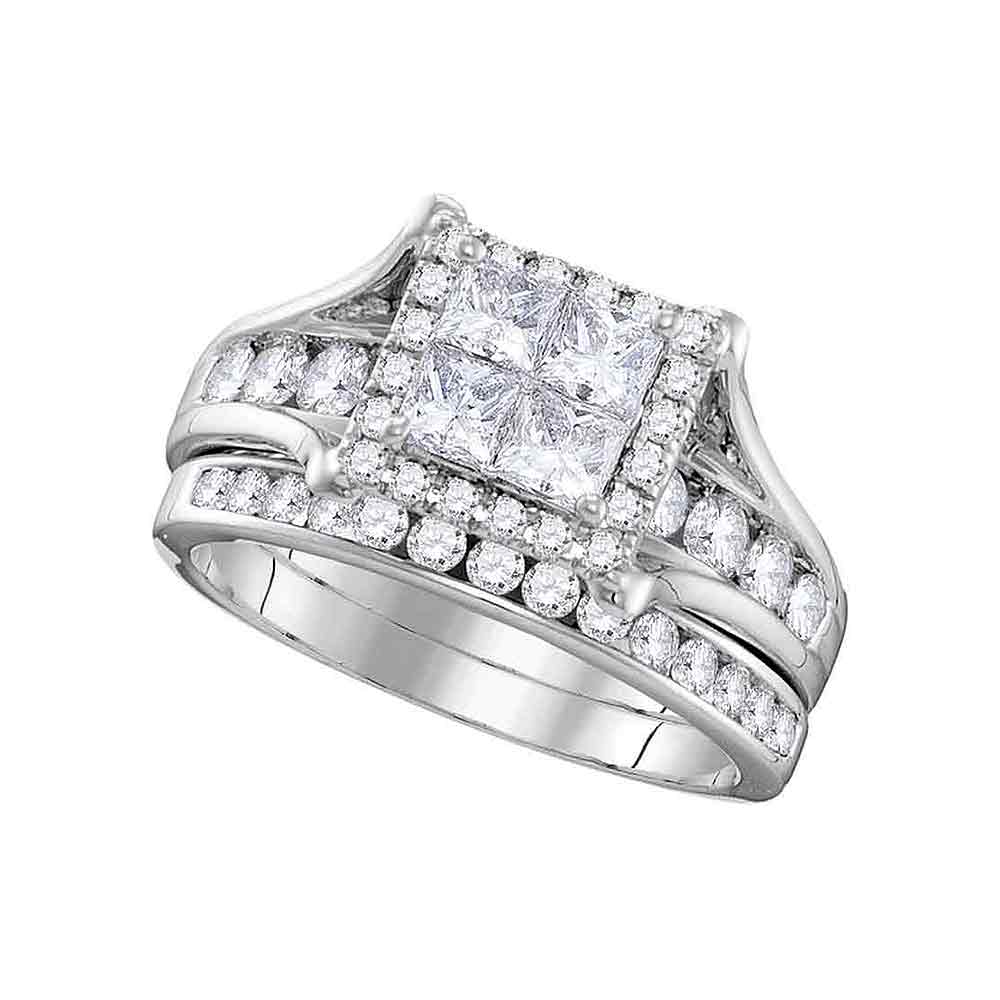 14kt White Gold Womens Princess Diamond Square Halo Bridal Wedding Engagement Ring Band Set 1-1/2 Cttw