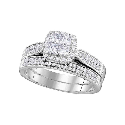 14kt White Gold Womens Princess Diamond Cluster Halo Bridal Wedding Engagement Ring Band Set 3/4 Cttw
