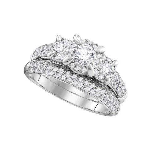 14k White Gold Womens Round 3-stone Diamond Bridal Wedding Engagement Ring Band Set 1-1/3 Cttw