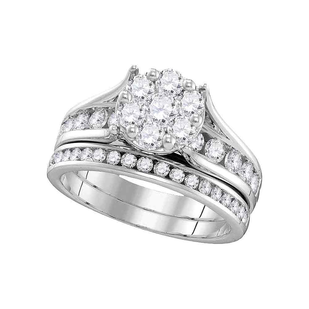 14kt White Gold Womens Round Diamond Cluster Bridal Wedding Engagement Ring Band Set 1-1/2 Cttw