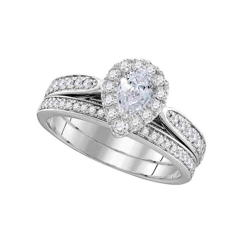 14kt White Gold Womens Pear Diamond Bridal Wedding Engagement Ring Band Set 1.00 Cttw