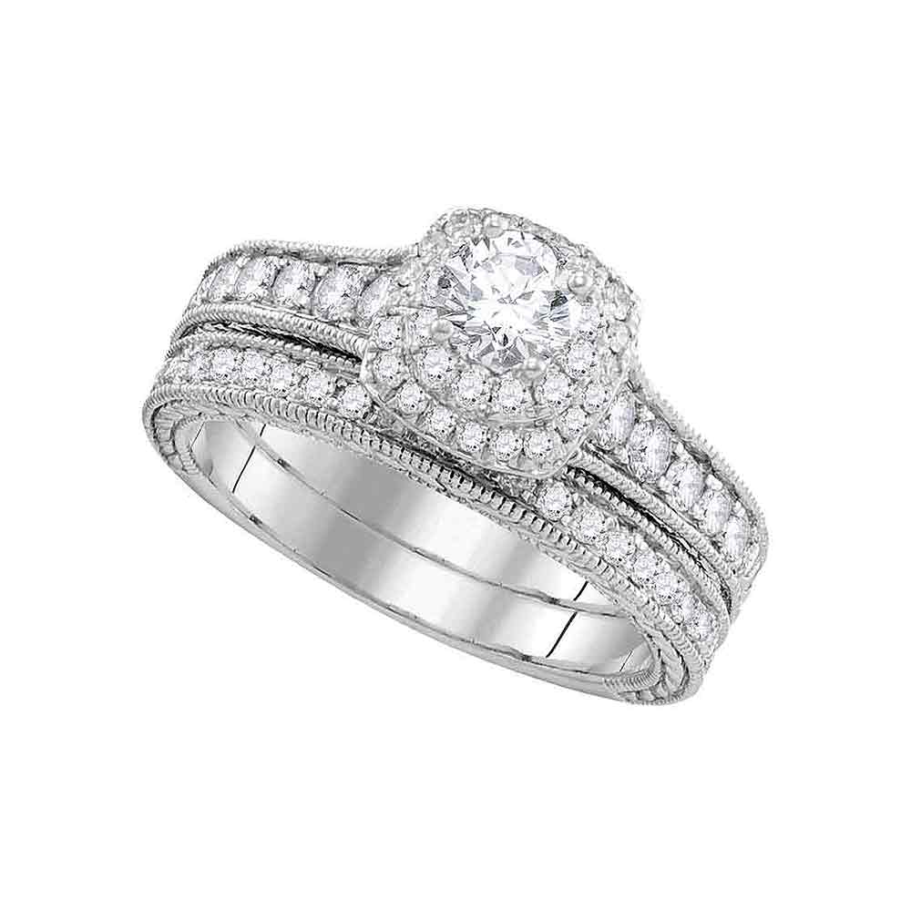 14kt White Gold Womens Round Diamond Milgrain Bridal Wedding Engagement Ring Band Set 1.00 Cttw