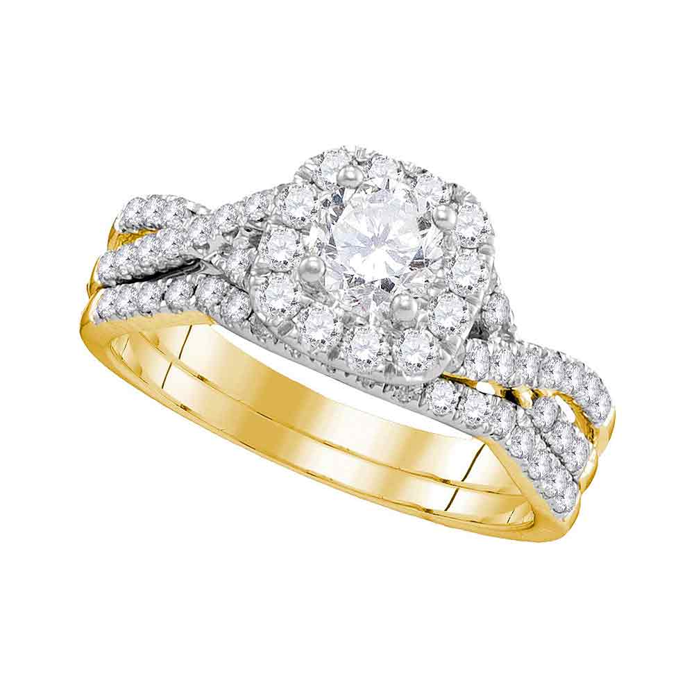 14kt Yellow Gold Womens Round Diamond Halo Twist Bridal Wedding Engagement Ring Band Set 1.00 Cttw