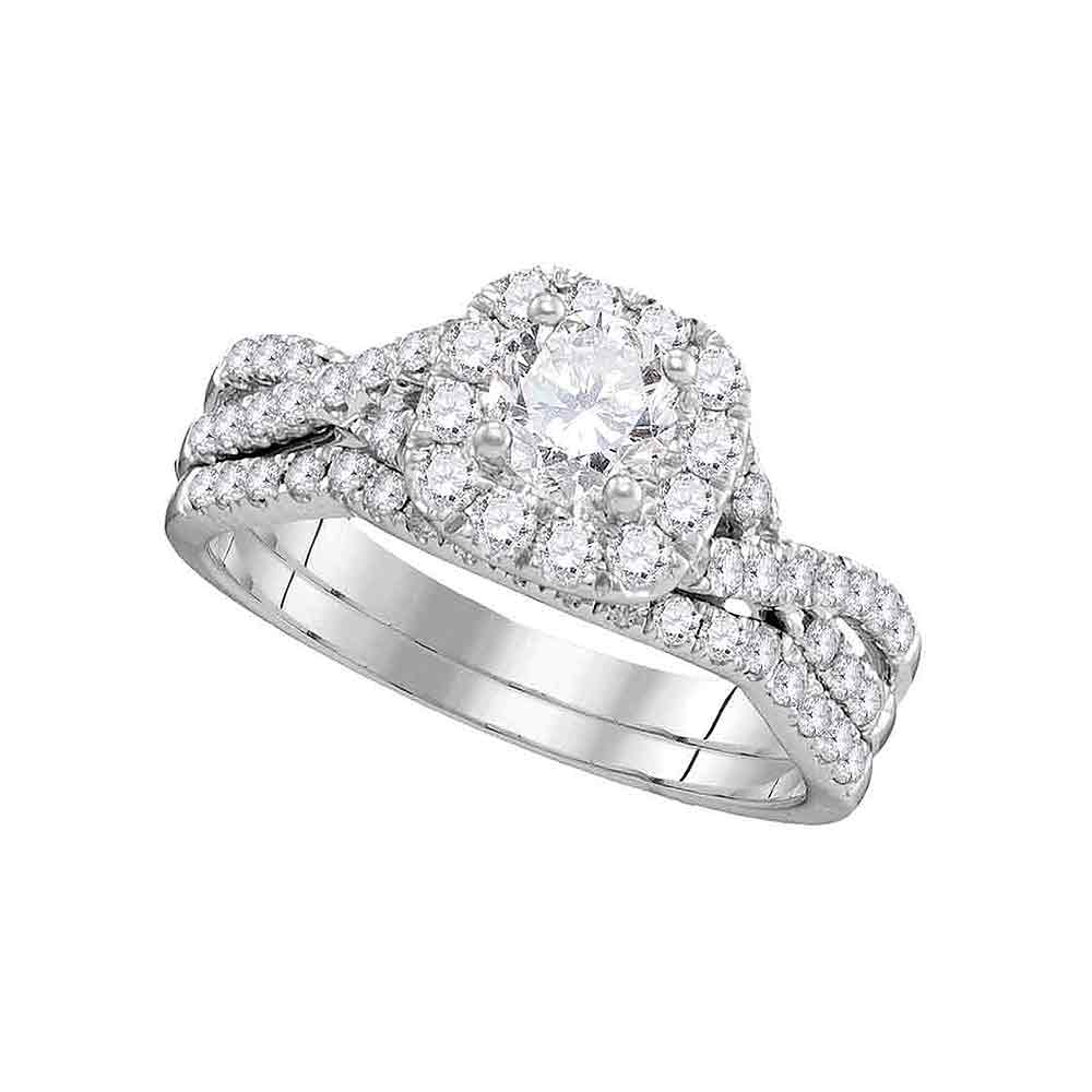 14kt White Gold Womens Round Diamond Halo Twist Bridal Wedding Engagement Ring Band Set 1.00 Cttw