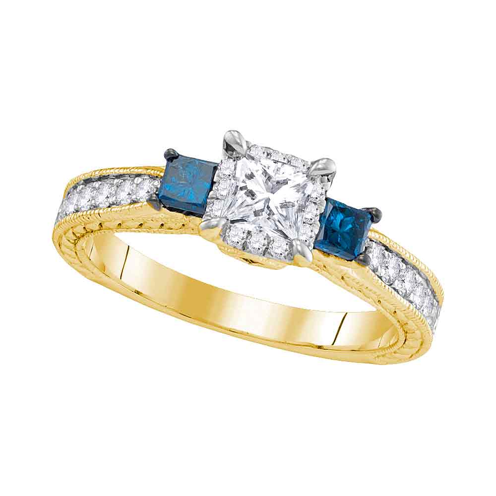 14k Yellow Gold Womens 3-stone Blue Color Enhanced Diamond Wedding Bridal Engagement Ring 1.00 Cttw