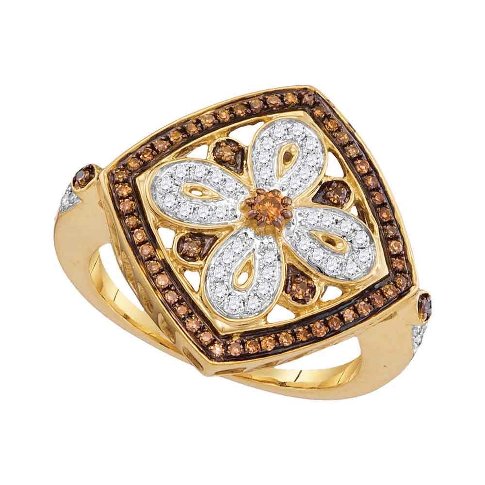 14kt Yellow Gold Womens Round Brown Color Enhanced Diamond Square Fashion Ring 3/8 Cttw