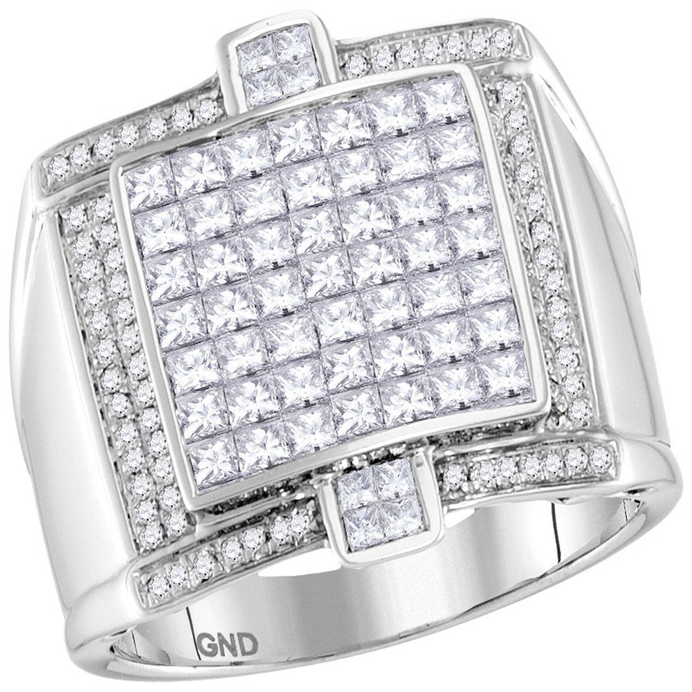 14kt White Gold Mens Princess Diamond Square Luxury Cluster Ring 2-1/12 Cttw
