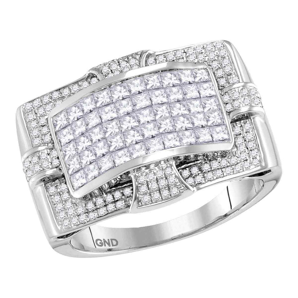 14kt White Gold Mens Princess Diamond Wide Arched Cluster Ring 2.00 Cttw