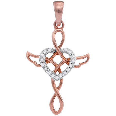 Rose Gold Heart Cross Pendant with Angel Wings & Diamonds 1/20 Cttw