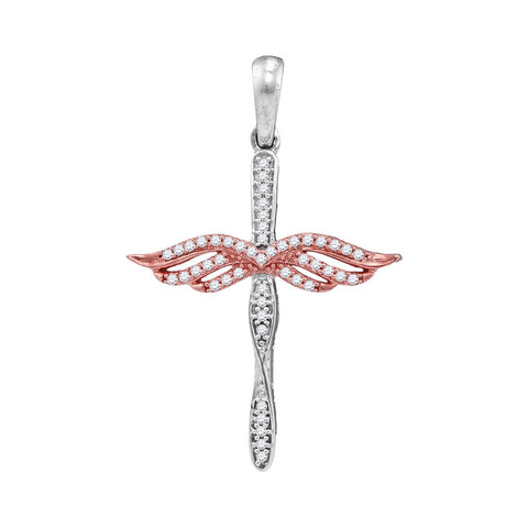 Cross Angel Wing Pendant, Rose Gold & 10K White Gold with Diamonds 1/6 Cttw