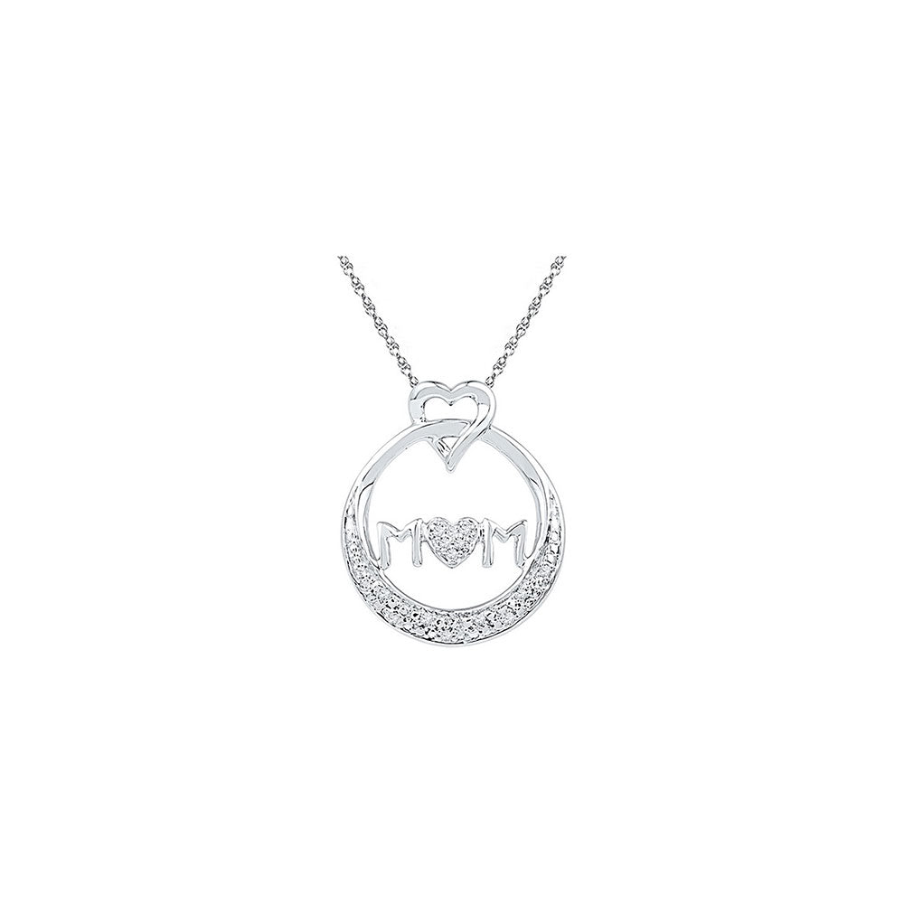 Sterling Silver MOM Circle Heart Pendant with Diamonds 1/20 Cttw