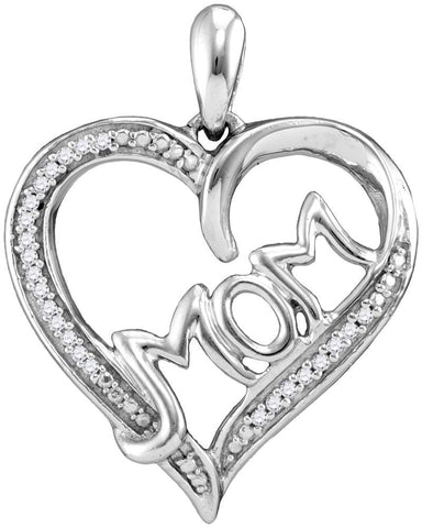 925 Sterling Silver MOM Heart Pendant with Stones 1/12 Cttw