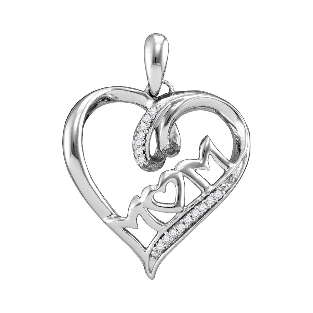 Sterling Silver MOM Heart Pendant with Round Diamond 1/20 Cttw