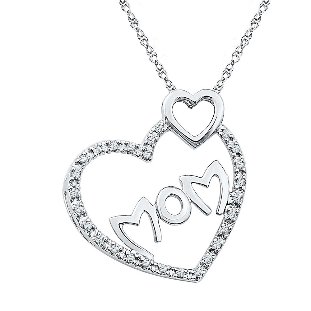 Sterling Silver Two Heart MOM Pendant Pendant with Chain 1/10 Cttw