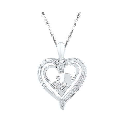 Sterling Silver Mother and Child Heart Pendant with Diamonds 1/20 Cttw