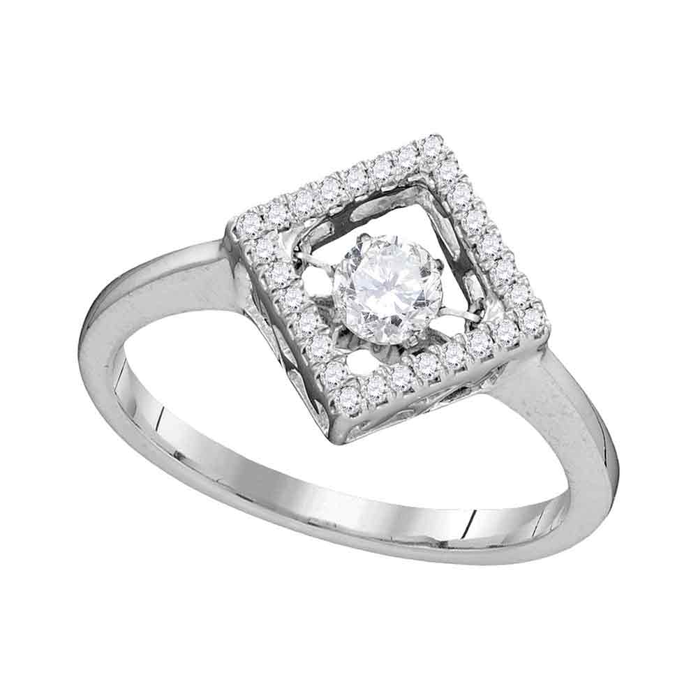 14kt White Gold Womens Round Diamond Moving Twinkle Solitaire Diagonal Square Ring 1/5 Cttw