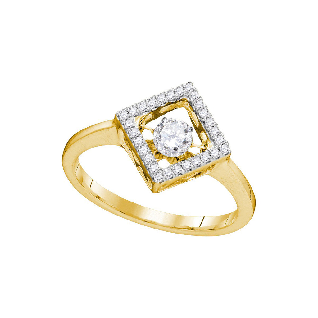 14kt Yellow Gold Womens Round Diamond Moving Twinkle Solitaire Diagonal Square Ring 1/5 Cttw